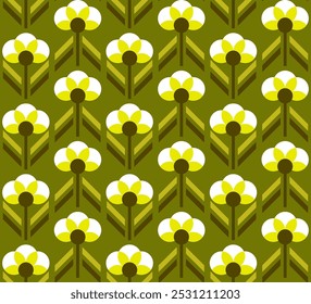 Retro Art Deco mod flores monocromo verde oliva patrón de Vector. Las flores redondas de estilo de mediados de siglo repiten un patrón sin fisuras.