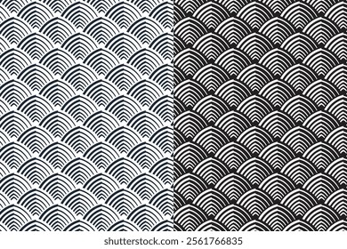 retro art deco with overlapping arcs seamless pattern on black white background for packaging, merchandise.  geometric dome shape symbol pattern background. pattern of luxury vault shape background