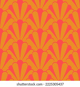 Retro Art Deco Striped Seashells. Orange Retro Deco. Bright Orange and Red Floral Seamless Patten For Wallpaper, Textiles, Fabric, Home Décor.