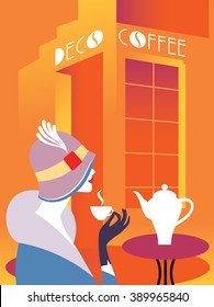 Retro art deco woman sitting at an street cafe. Woman drinking coffee. On the table hot coffee maker. Lettering signboard Deco Coffee Vector illustration. EPS 10