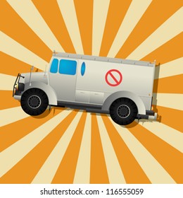 Retro art drawing of a armored truck and shadow over a stripped background.