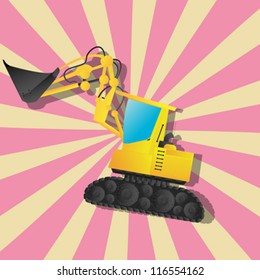 Retro art drawing of a excavator and shadow over a stripped background.