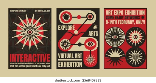 Retro art exhibition posters with bold graphics. Interactive art, virtual art themes. Eye-catching psychedelic designs in red, black, and beige. Psychedelic retro poster template vectors.