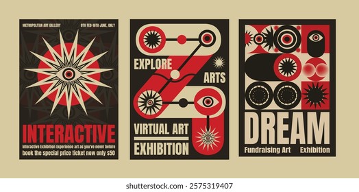 Retro art exhibition posters with bold graphics. Interactive, virtual psychedelic art themes. Dream of creativity. Eye-catching, vintage design. Psychedelic retro poster template vectors.