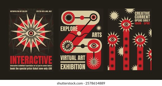 Retro art exhibition posters with bold graphics. Interactive, virtual art themes. Explore arts with striking psychedelic designs. Creative visuals. Psychedelic retro poster template vectors.