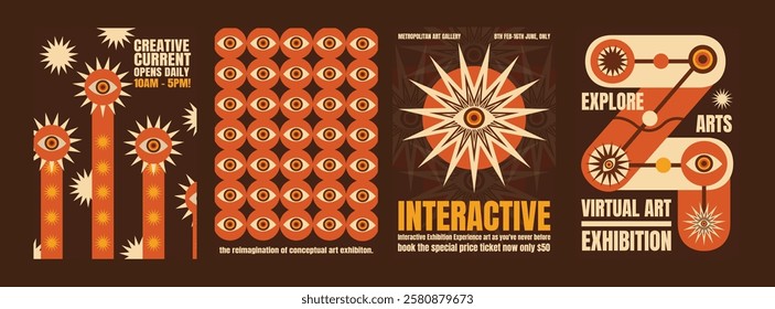 Retro art exhibition posters with bold orange and brown designs. Eye motifs and geometric shapes, virtual art experience. Creative and vibrant. Psychedelic retro poster template vectors.