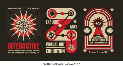 Retro art exhibition posters with bold red, black, and beige designs. Eye motifs and geometric shapes highlight the interactive, virtual art theme. Psychedelic retro poster template vectors.