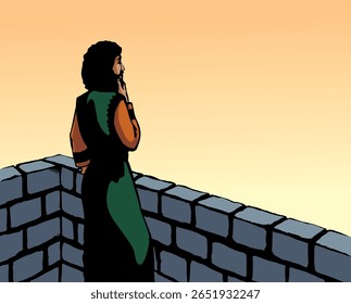 Mão de arte retrô desenhado sozinho triste triste tristeza governante judeu do leste asiático David soldado esperar assistir guerra séria pedir acreditar em deus Real solitário jovem judeu herói rei história medo cidade pedra forte céu céu