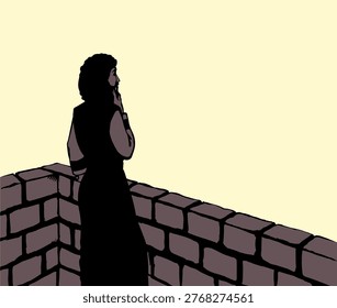 Retro art hand drawn alone sad upset sorrow East Asian jewish chief ruler David soldier wait watch serious war ask believ god Royal lonely young jew hero king story fear urban town stone fort roof sky