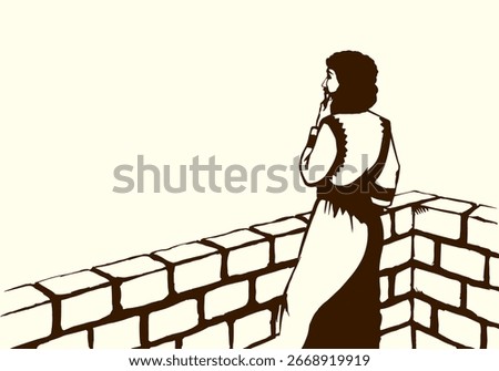 Retro art hand drawn alone sad upset sorrow East Asian jewish chief ruler David soldier wait watch serious war ask believ god Royal lonely young jew hero king story fear urban town stone fort roof sky