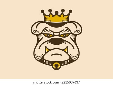 Retro art illustration design of a angry bulldog face with crown