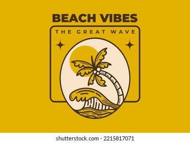 Retro Art Illustration Design von Strandwellen und Kokosnussbaum