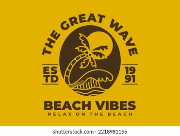 Retro art illustration design of a beach waves and coconut tree
