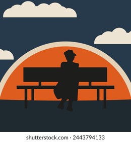 Retro art. Person silhouette under a lantern. Loneliness concept. Vector illustration can used record cover t-shirt print design. EPS 10