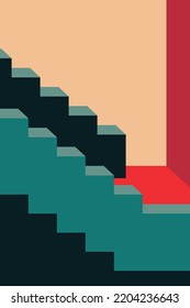 Composición de la arquitectura de impresión de arte retro. Escaleras espaciales e ilustraciones de barandillas en paleta roja y azul.
