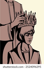 Retro art sketch drawn old bible chief priest Lord render human woman girl arm place head Nobl best pride vip male guy win trophy proud glory empire rule reign rich hero biblic story icon sign concept