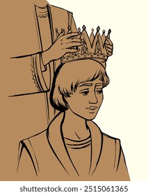 Retro art sketch drawn young human female girl chief Lord Jesus Christ priest render arm give above old white 1 place. Noble best bride fame vip man face look win proud rule reign Israel church story