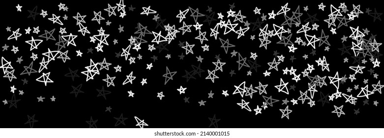 Retro Art White Sky Bright Naive Dark Black Stars Background. Childish Monochrome Stars Night Grey Gray Handdrawn Stars. Simple Kids Chaotic Dark Gray Monochrome Art Handdrawn Picture.