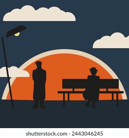 Retro art. A woman on a bench in the sunset background. Person silhouette under a lantern. Loneliness concept. Vector illustration can used record cover t-shirt print design. EPS 10