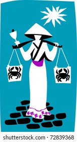 Retro Asian Woman Carrying Crabs in Baskets From the Market Vector Illustration