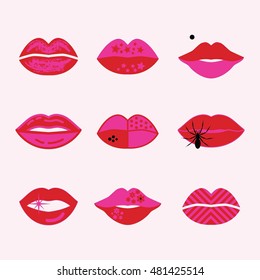 Retro assorted red and pink pop art women lips icons set poster on skin pink background