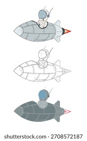 Retro Astronauta Flying Rocket Ship Illustration em três variações