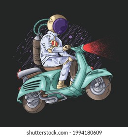 retro astronaut flying with scooter jet illustration