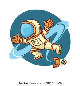 retro astronaut in outer space, cartoon vector illustration