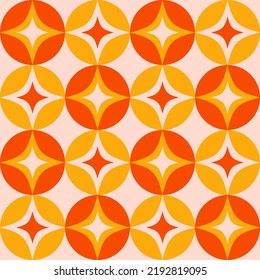 Retro Atomic Age Style Pattern Design With Stars And Circles. Orange And Red Retro Mid Century Modern Geometric Seamless Pattern. svg
