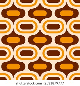 Retro Atomic ogee ovals mustard yellow brown Vector Pattern. Mid-century modern style Atomic capsules seamless pattern.