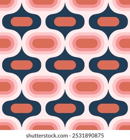 Retro Atomic ogee ovals salmon pink navy Vector Pattern. Mid-century modern style Atomic capsules pink blue seamless pattern.