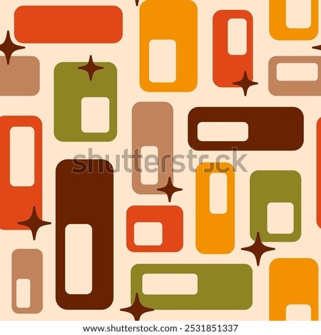 Retro Atomic oval capsules starbursts orange brown green cream Vector pattern. Mid-century modern style Atomic capsules seamless pattern.
