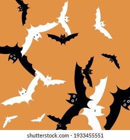 Retro Attack Creepy White Modern Style Background. Spooky Orange Motion Bats Vector Design Pic. Black Print Scary Faces Halloween Art Illustration. Light Chaos Grey Funny Art Flying Bats Fabrics.