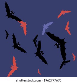 Retro Attack Print Eyes Halloween Art Illustration. Purple Motion Red Night Black Bats Vector Background. Scary Creepy Colorful Gothic Art Flying Bats Fabrics. Pink Sky Chaos Spooky Background.