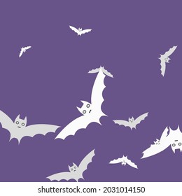 Retro Angriff violetten Motion Halloween Kunstillustration. Gothic Sky weißer, grauer Hintergrund. Gruselige, schwarze Augen druckende Vektorgrafik. Spooky Violet Nacht bunte Fledermäuse Art Muster.
