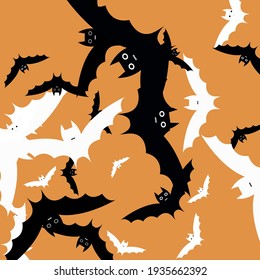 Retro Attack Scary Motion Halloween Art Illustration. White Chaos Funny Black Modern Style Simple Art. Faces Grey Print Bats Vector Design Pic. Light Creepy Orange Spooky Flying Bats Art Pattern.