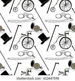 Retro attributes of the gentleman - seamless pattern. Vector illustration