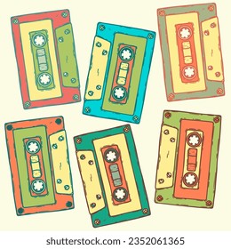 Retro audio cassette 80s, 70s, 60s music sound tape, hand drawn vector colorful background