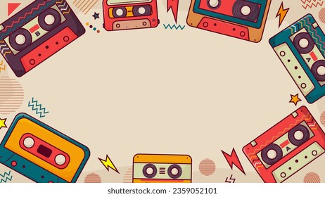 Retro Audio Cassette 90s Doodle. Cassette Border Frame Backckgrond with Copy Space.
90s Nostalgia or SHOTLIST1990