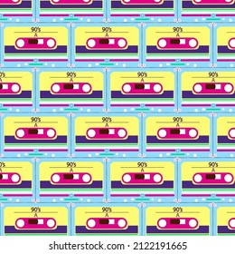 Retro Audio cassette 90-s seamless pattern.