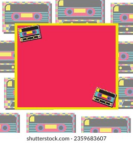Retro Audio Cassette Banner with Copy Space. Pink and Yellow nostalgic 90s background. Trends of 2023. SHOTLIST1990