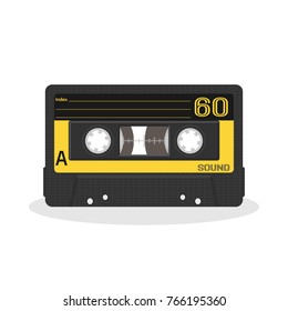 Retro audio cassette design. Old record player tape isolated on a white background. Vintage style music storage icon. Vector illustration.