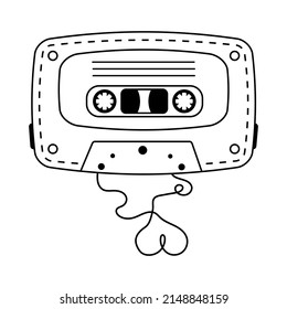 Retro audio cassette in doodle style. Old-fashioned vintage cassette tape ribbon formed heart shaped.
Analog media for recording and listening to stereo music. 