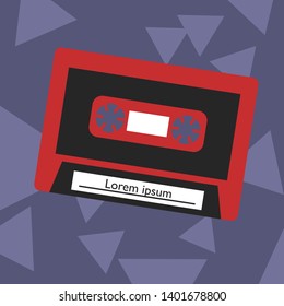 Retro audio cassette flat icon. 80s, 90s technology. Red compact tape. Nostalgic, vintage isolated vector illustration. Music listening, record, playing cartoon color symbol