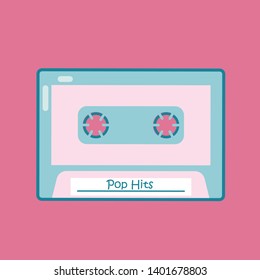 Retro audio cassette flat icon. 80s, 90s pop hits compact tape. Nostalgic, vintage isolated vector outline illustration. Music listening, record, play cartoon color symbols