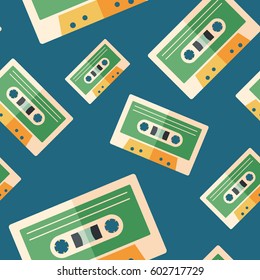 Retro audio cassette flat icon seamless pattern.