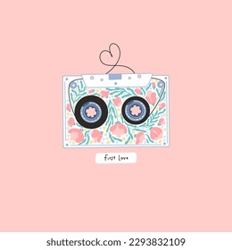 Retro audio cassette with flowers inside. Magnetic tape in the form of a heart, the concept of Valentines Day. The inscription - First love. Hand-drawn vector cartoon illustration in simple style.