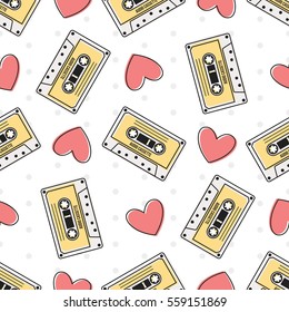 Retro Audio Cassette and Hearts on White Background with Dots Vector Seamless Pattern