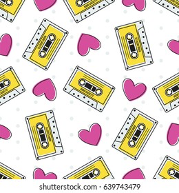 Retro Audio Cassette and Hearts on White Background with Dots Vector Seamless Pattern