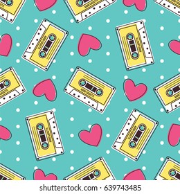 Retro Audio Cassette and Hearts on White Background with Dots Vector Seamless Pattern